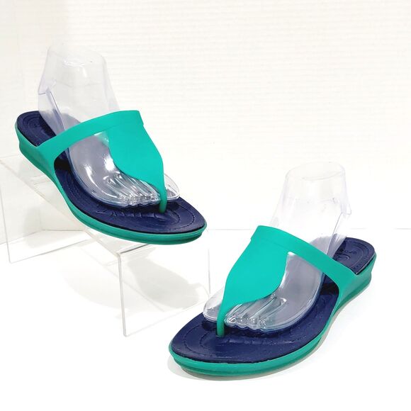 Crocs Rio Flip Flops Womens Sz 10 Teal Green Navy Blue Jelly Thong Slide Sandals - Picture 1 of 11